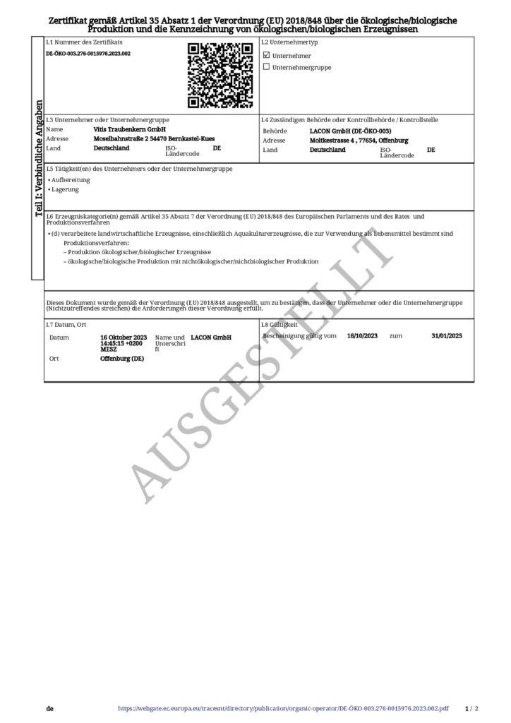 Das aktuelle Bio Zertifikat der Firma Vitis Traubenkern GmbH. Dies ist Seite 1 von 2.