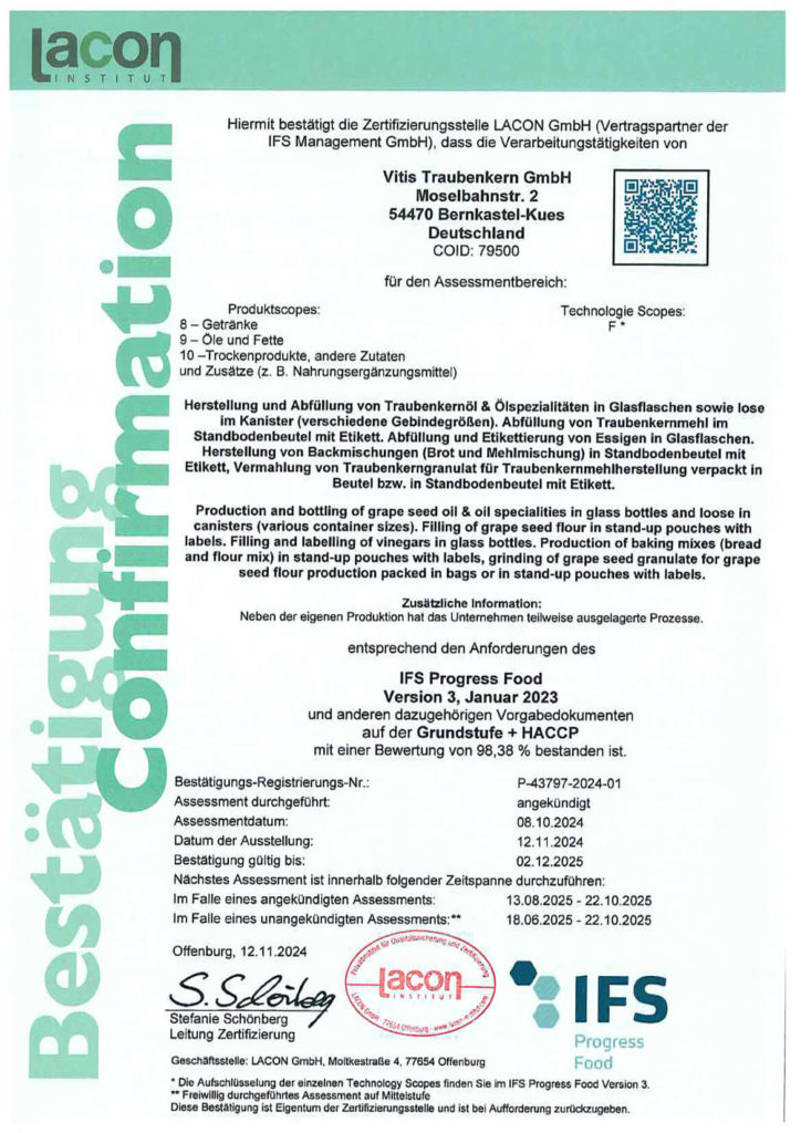 IFS Zertifikat Vitis Traubenkern GmbH